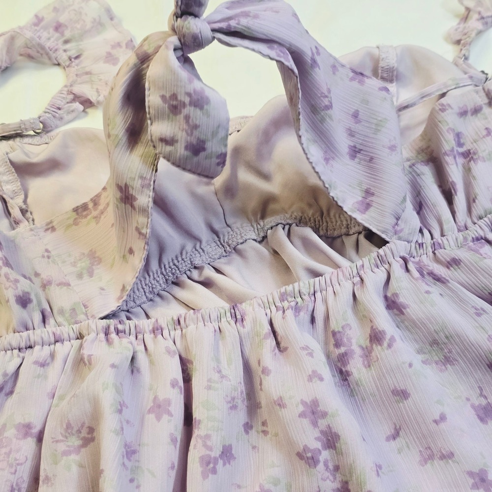 Hollister Womens Floral Babydoll Cami Top Size S Purple Ruffle Strap Chiffon H21 - Picture 13 of 16